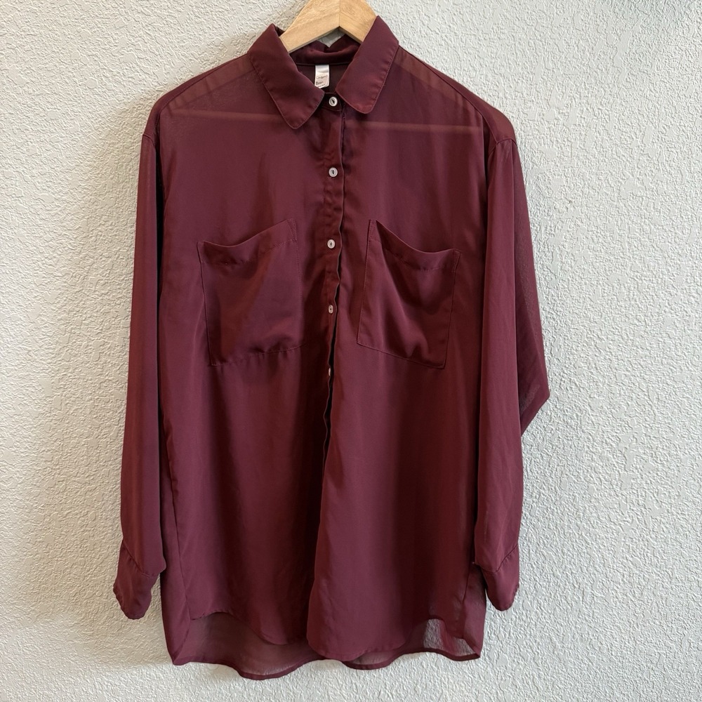 Burgundy Sheer Button Up Blouse Chiffon by American Apparel One Size